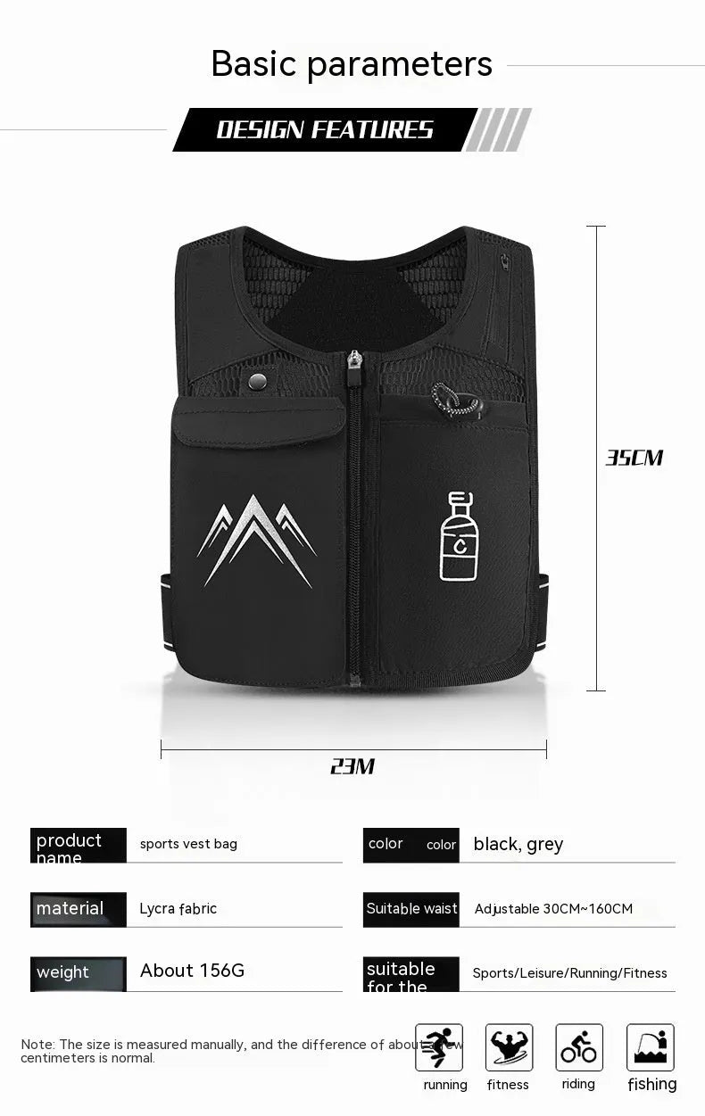 Sports running vest with integrated mobile phone bag in breathable mesh fabric