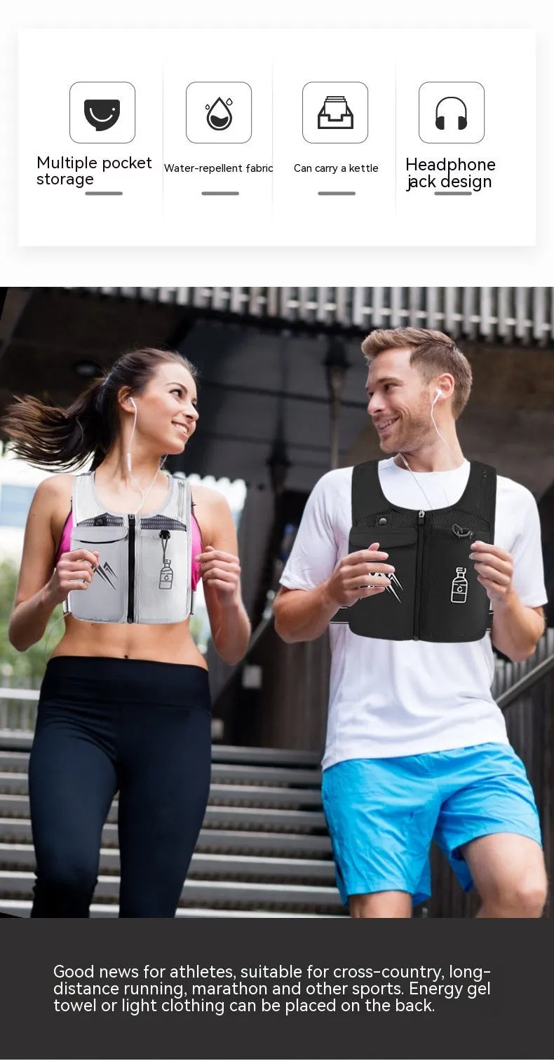 Sports running vest with integrated mobile phone bag in breathable mesh fabric