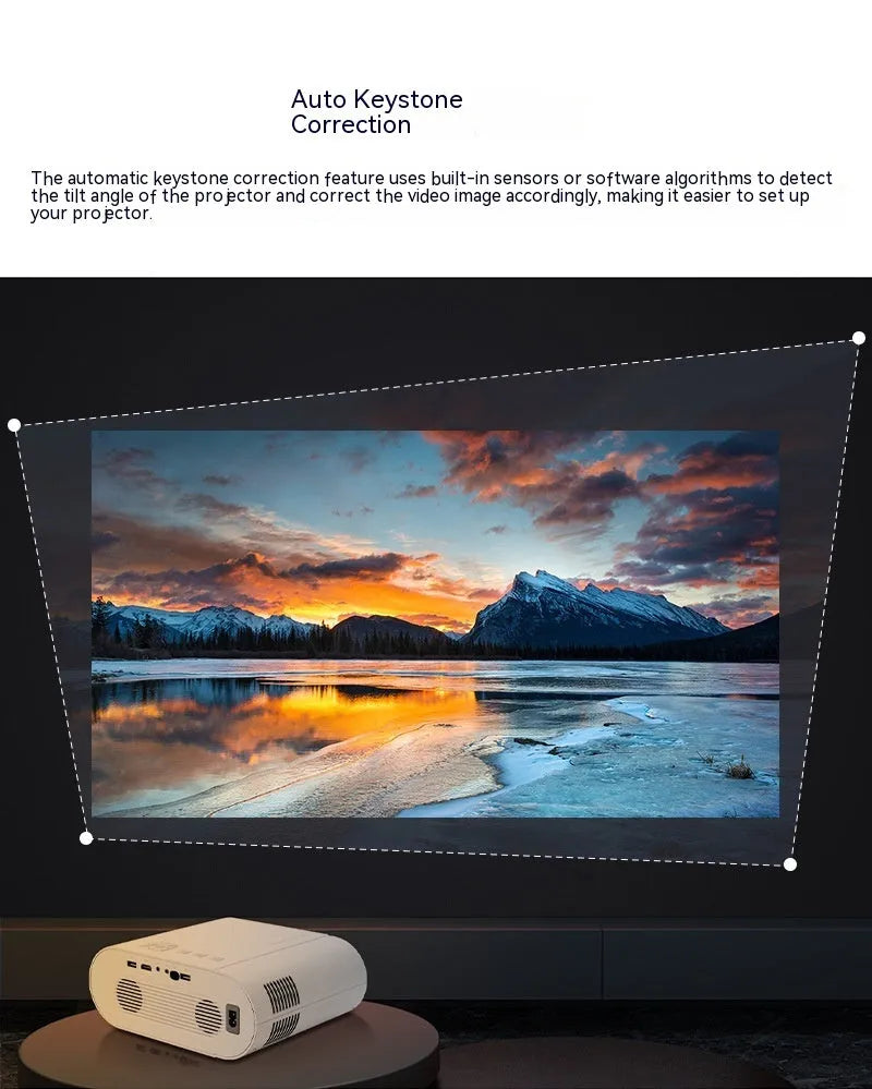White T07 Full HD smart projector with remote control on a grey surface.