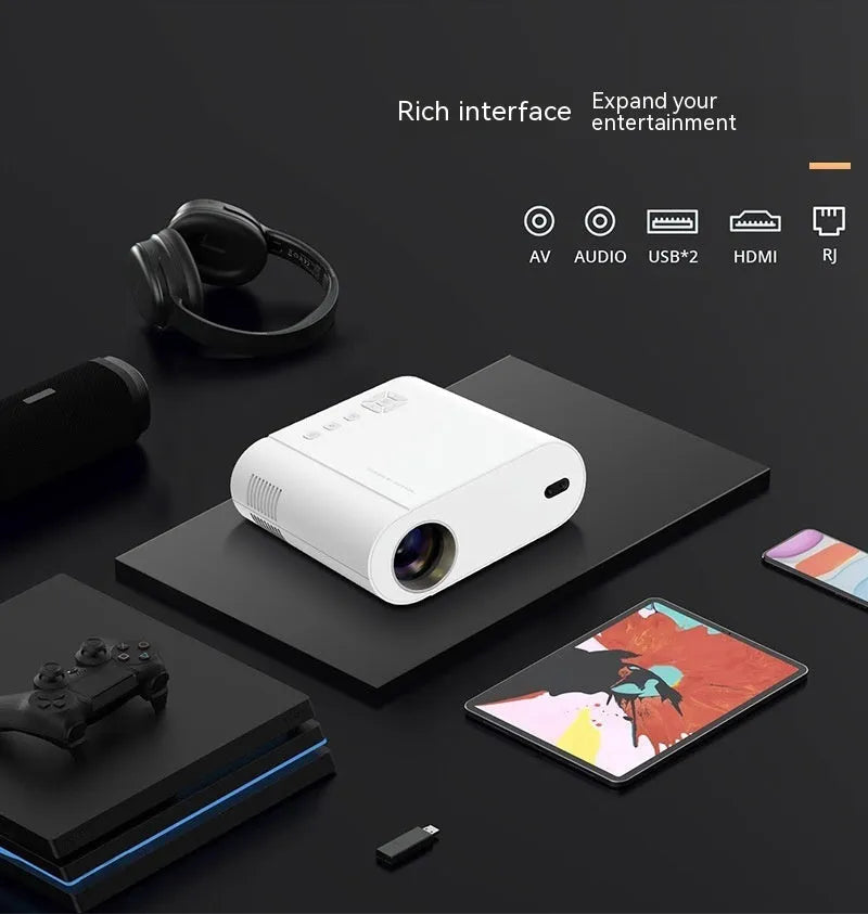 White T07 Full HD smart projector with remote control on a grey surface.