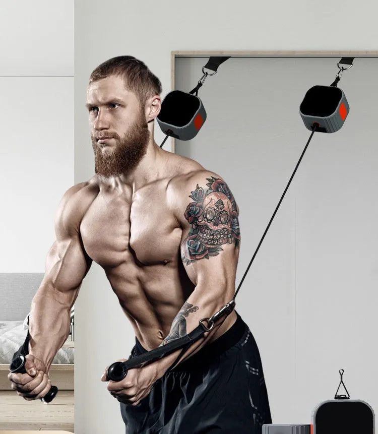 Multifunctional fitness equipment with chest expander and rowing functions in blue-grey colour with resistance adjustment dial