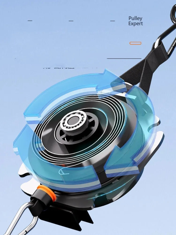 Multifunctional fitness equipment with chest expander and rowing functions in blue-grey colour with resistance adjustment dial