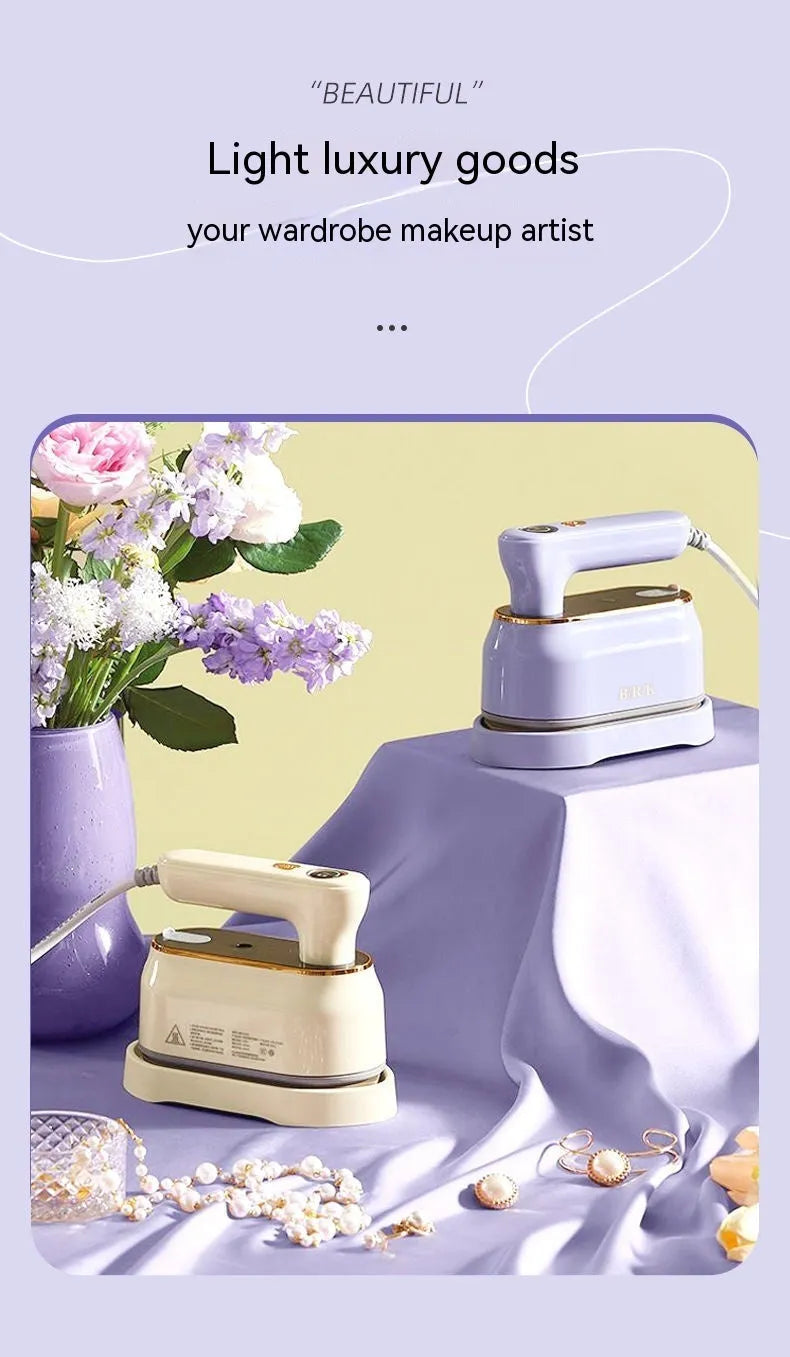 Portable travel iron with foldable handle in light purple colour showing ceramic soleplate