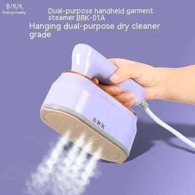 Portable travel iron with foldable handle in light purple colour showing ceramic soleplate