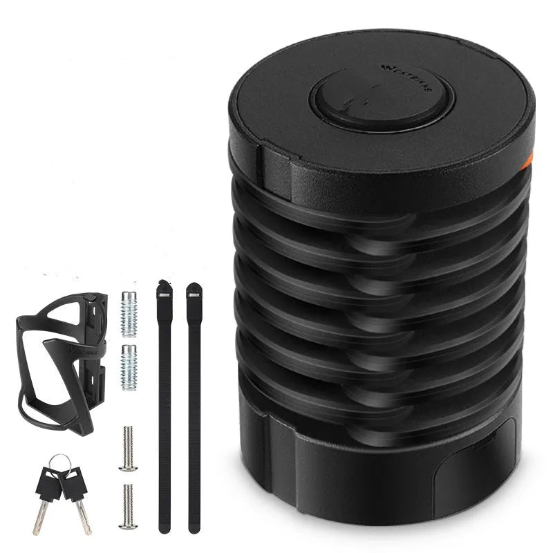 Black folding bicycle lock showing compact folded and extended positions for bike security