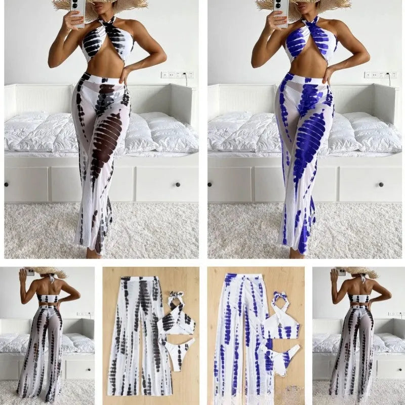 Women's black printed three-piece swimsuit set with bikini top, bottoms, and mesh trousers.