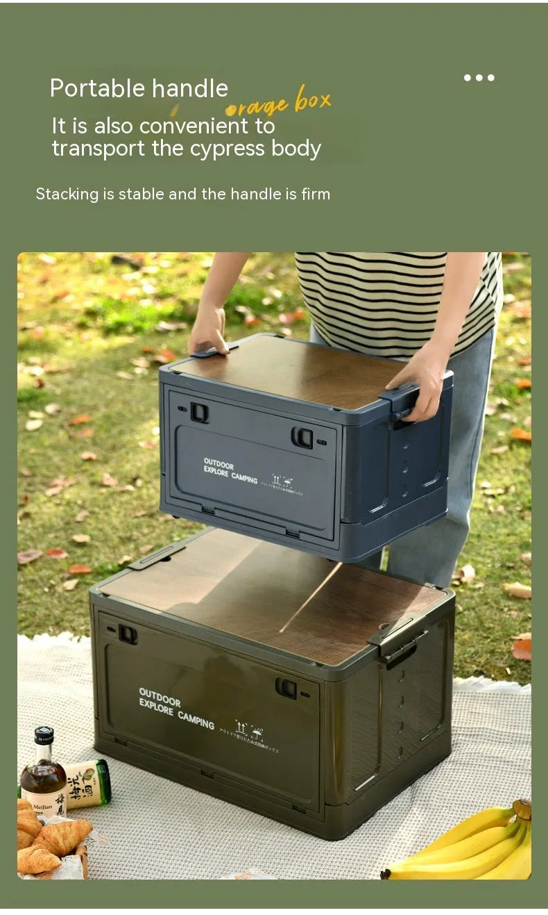 Foldable plastic storage box with wooden lid in nordic green colour