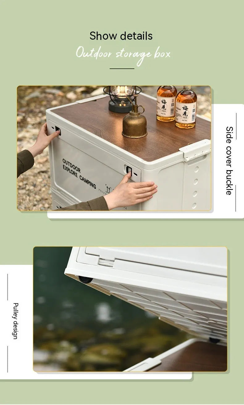 Foldable plastic storage box with wooden lid in nordic green colour