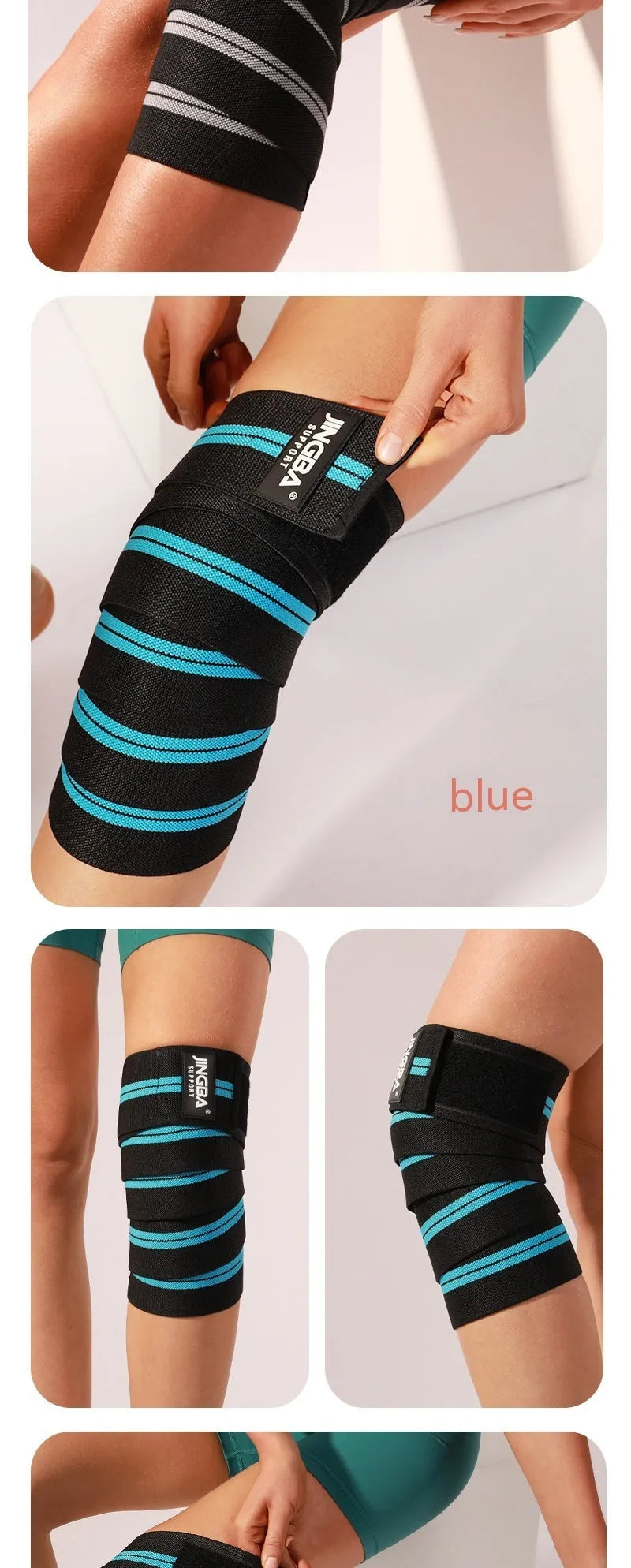 Adjustable sports knee pads for weightlifting and cycling in blue, grey, red, or yellow