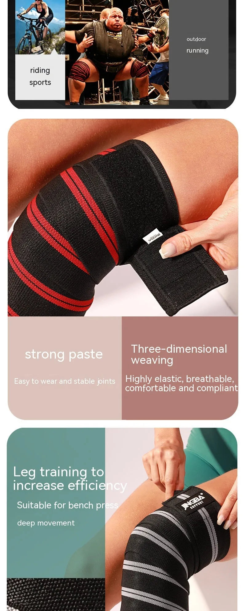 Adjustable sports knee pads for weightlifting and cycling in blue, grey, red, or yellow