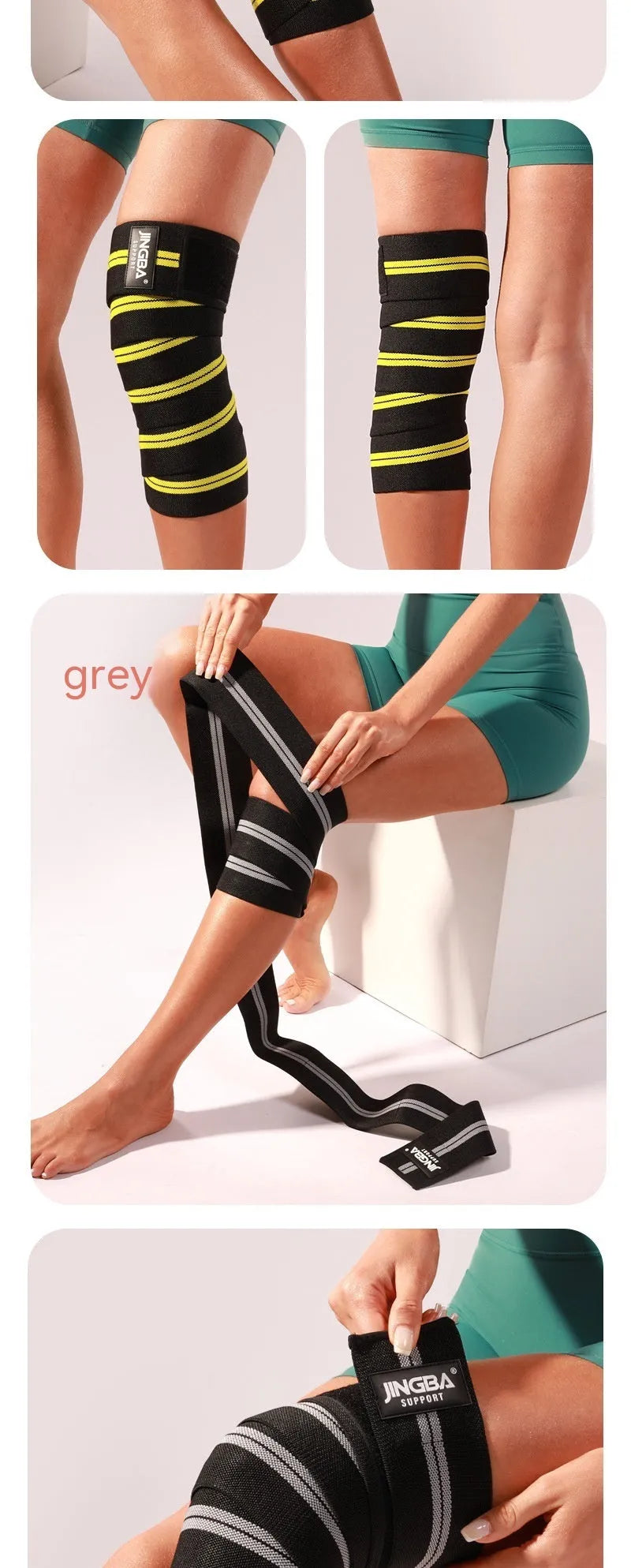 Adjustable sports knee pads for weightlifting and cycling in blue, grey, red, or yellow