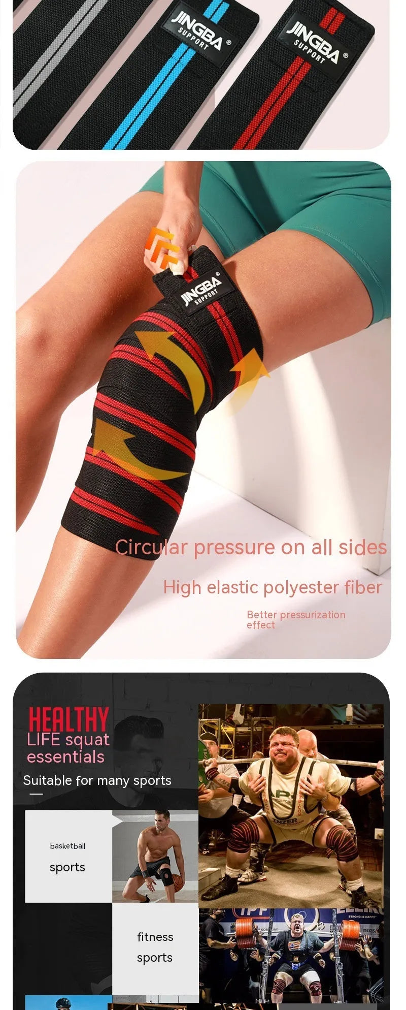 Adjustable sports knee pads for weightlifting and cycling in blue, grey, red, or yellow
