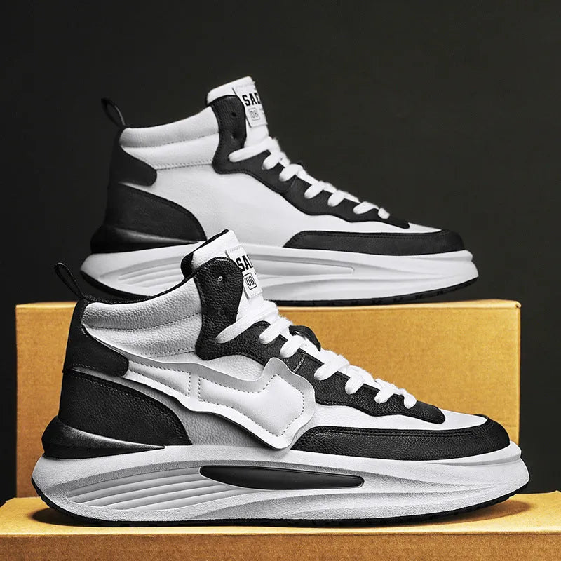 Men's black and white high-top platform board shoes with round toe made from artificial PU.