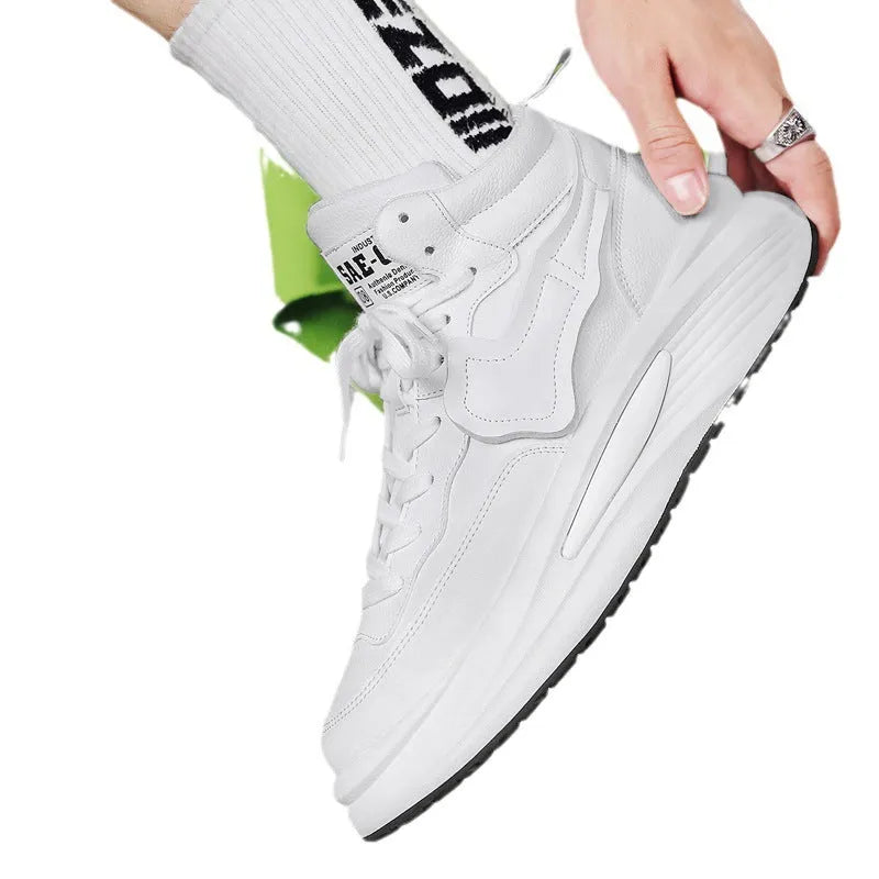 Men's black and white high-top platform board shoes with round toe made from artificial PU.