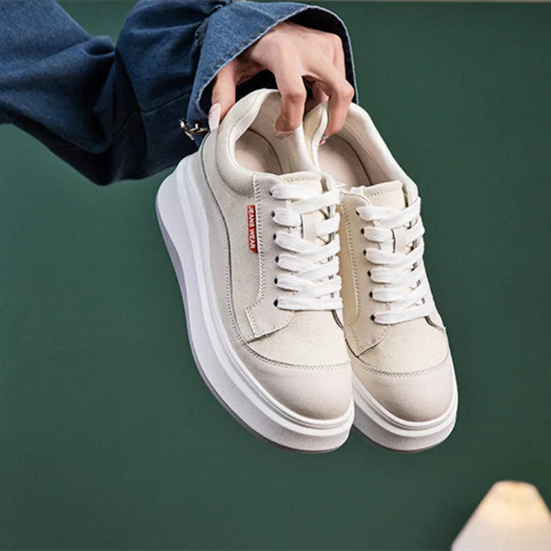 Women's pink leather platform shoes with thick soles for height increase