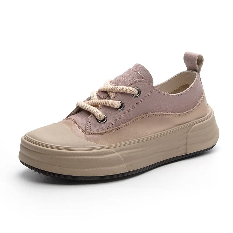 Women's cowhide leather platform sneakers in matcha green with front lace-up design.