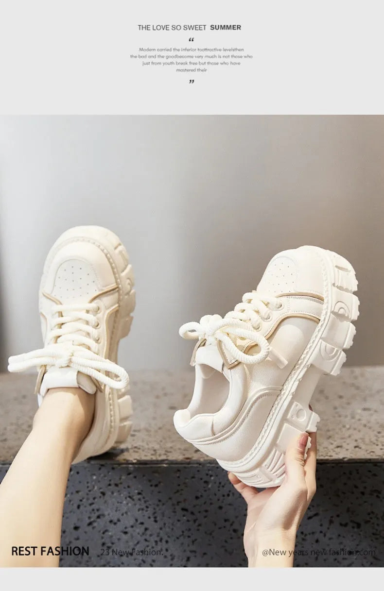 Women's beige leather casual shoes with subtle platform muffin bottom sole design