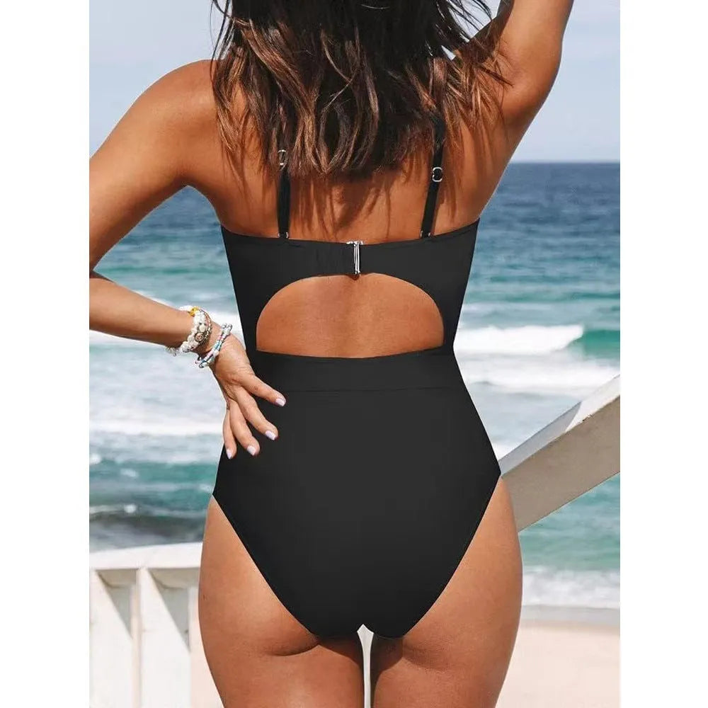 Women's solid colour backless one-piece swimsuit in black, red, or blue