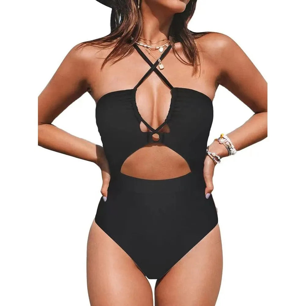 Women's solid colour backless one-piece swimsuit in black, red, or blue