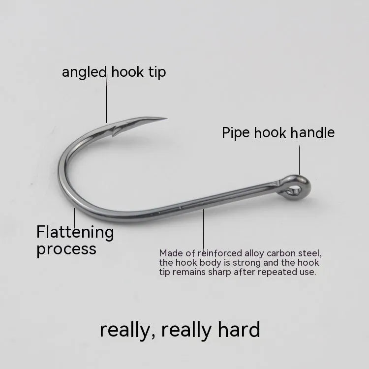 Bulk pack of alloy carbon steel barbed fishing hooks with crooked mouth and hole ring for rock and sea fishing.