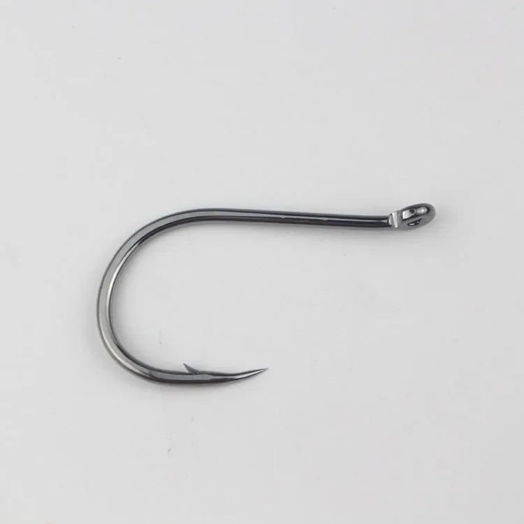 Bulk pack of alloy carbon steel barbed fishing hooks with crooked mouth and hole ring for rock and sea fishing.