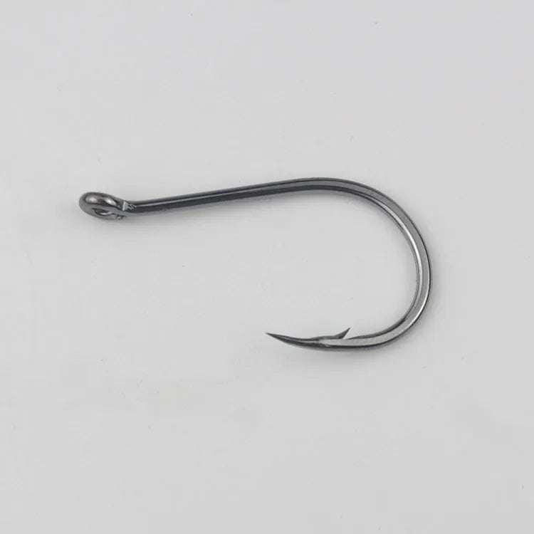 Bulk pack of alloy carbon steel barbed fishing hooks with crooked mouth and hole ring for rock and sea fishing.