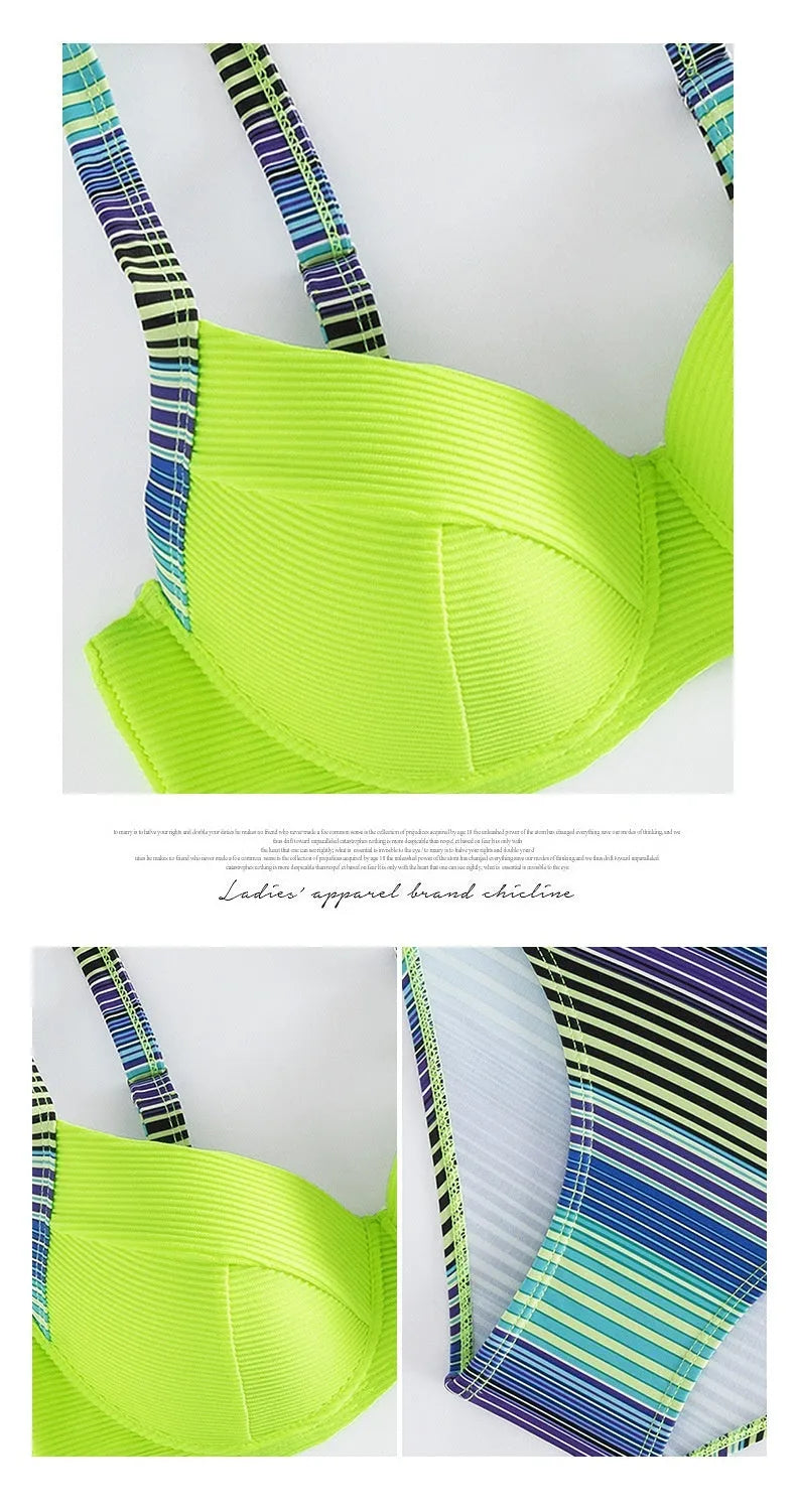 Women's green printed halter bikini with split-side briefs bottoms