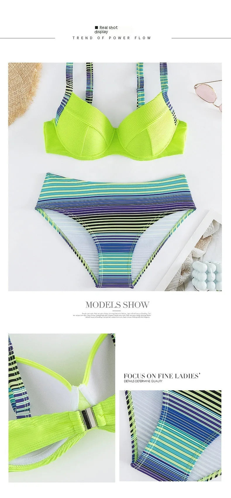 Women's green printed halter bikini with split-side briefs bottoms