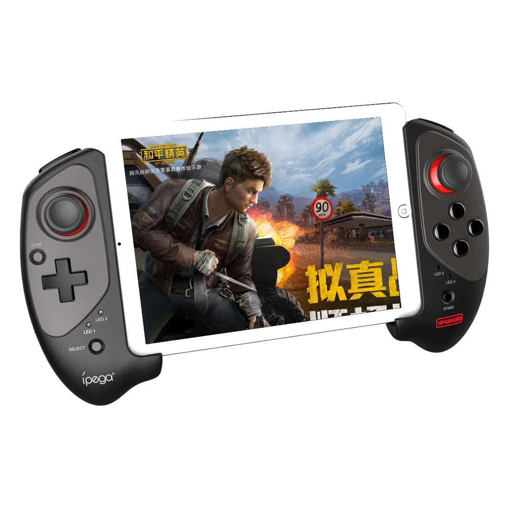 A red telescopic gamepad controller extended to hold a smartphone, with analogue sticks and action buttons visible.