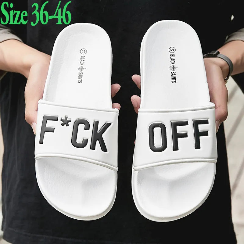 Large size personalised open-toe men's slippers with rubber sole in black and white.