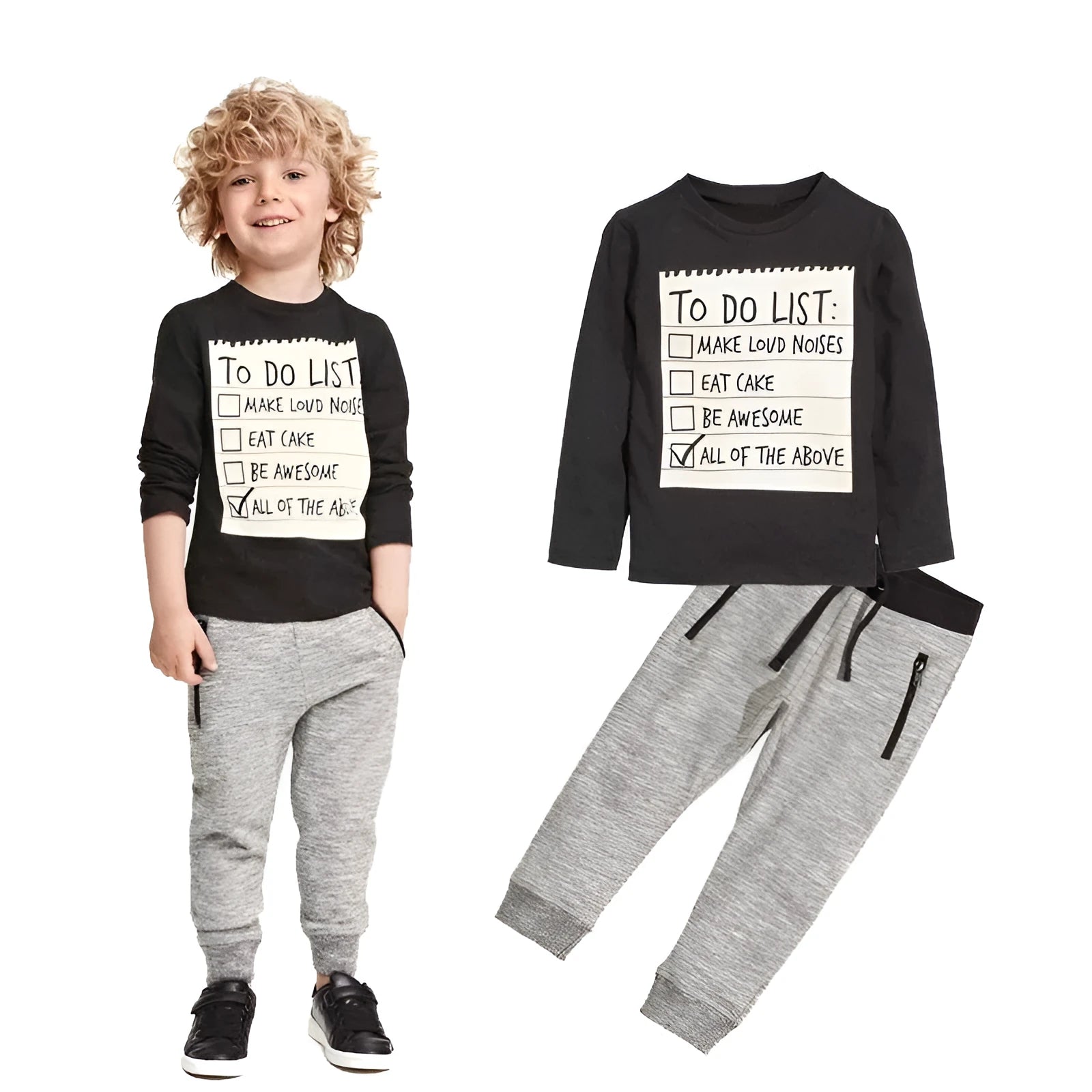 Boys cotton casual two-piece clothing set with long sleeves and letter print, for ages 3-7 years.