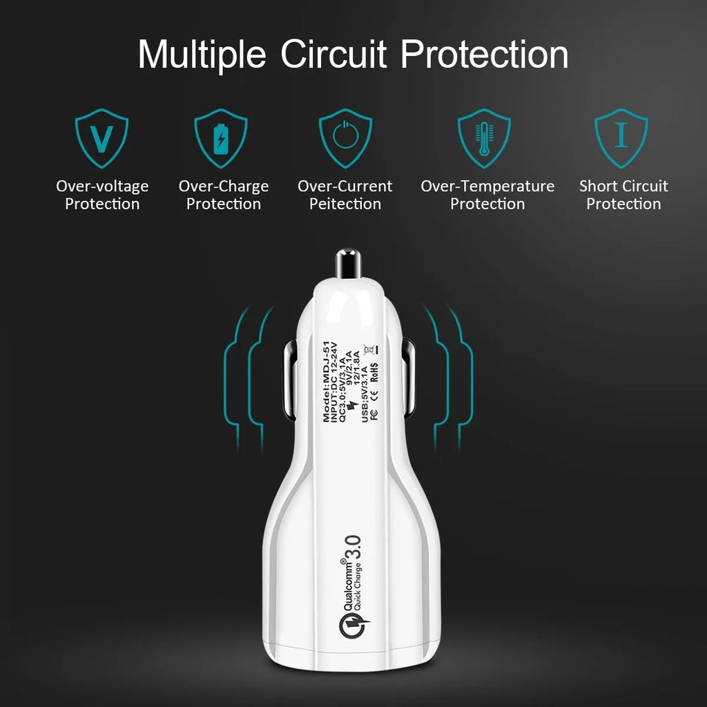 Quick Charge 3.0 dual USB car charger in black with LED indicator, mini size