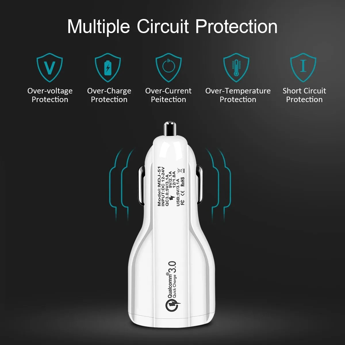 Quick Charge 3.0 dual USB car charger in black with LED indicator, mini size