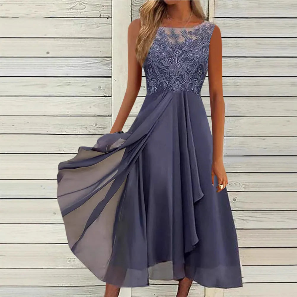 Women's sleeveless chiffon dress with lace hollow-out detailing in green, purple or blue colours