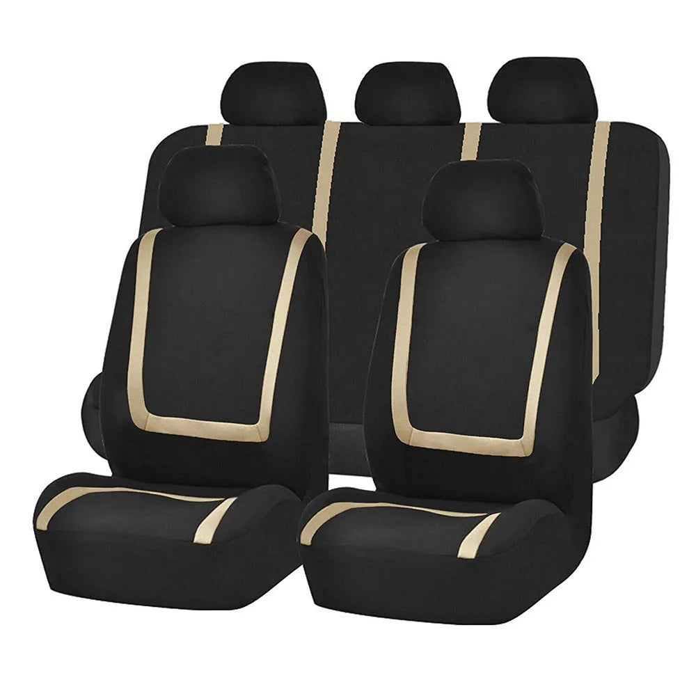Universal car seat cover set showing fabric construction with headrest and seat protection