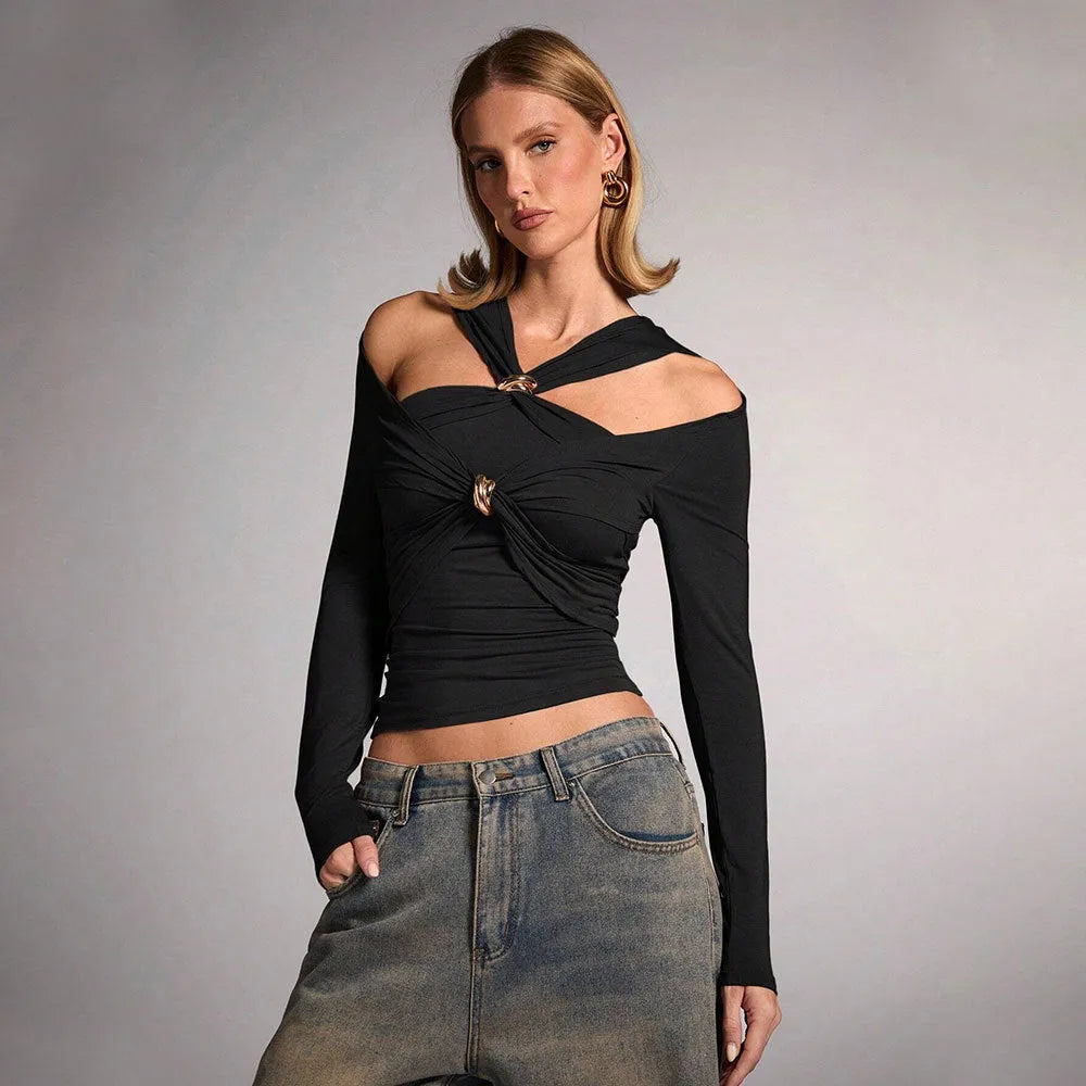Black women's halter neck long sleeve slim fit top on a hanger.