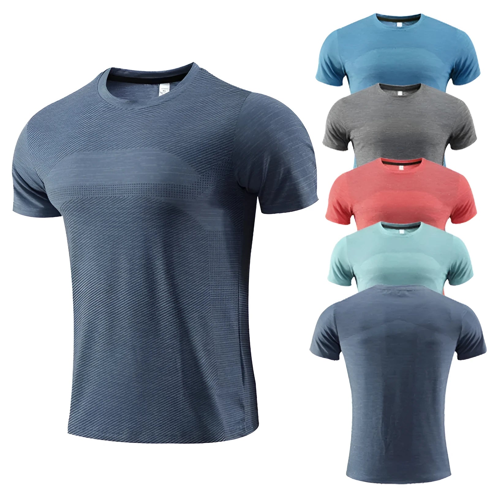 Men's short sleeve running t-shirt in polyester spandex fabric on a hanger