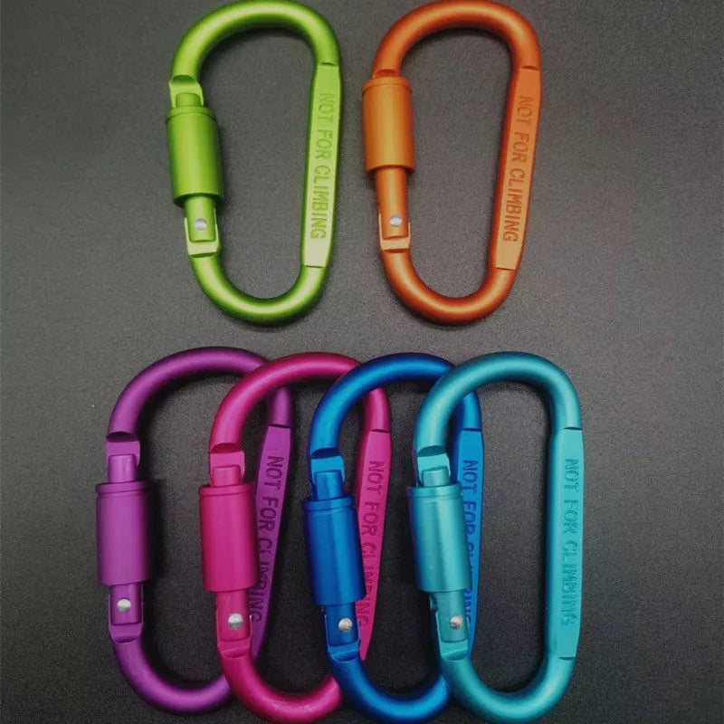 D-type aluminium locking carabiner measuring 8cm in multiple colour options