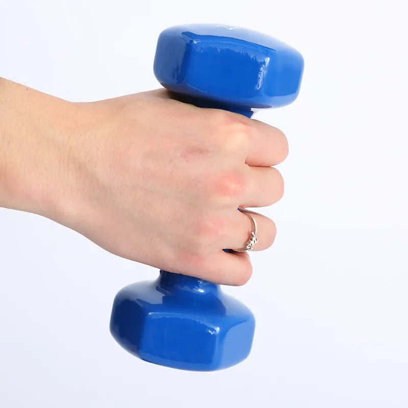 Bright colour plastic-coated fitness dumbbells in 0.5KG, 1KG and 1.5KG weights for floor-protected home workouts