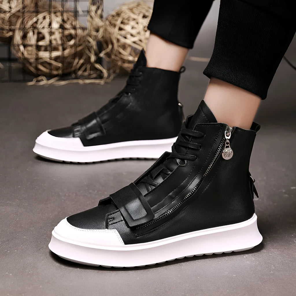 Black and white PU leather men's winter ankle boots in a high-top sneaker style on a size chart.