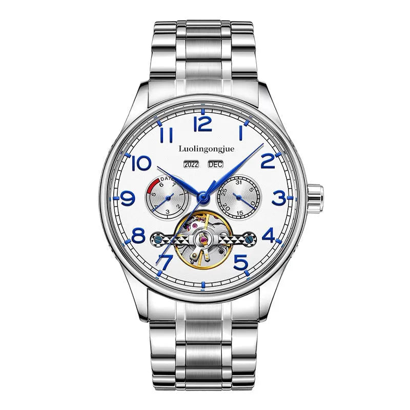 Men's stainless steel business watch with leather strap and sapphire glass, showing transparent case back.
