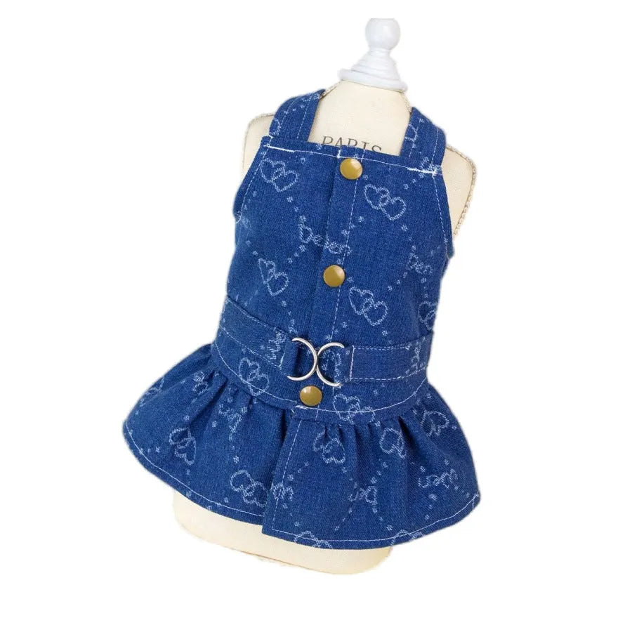 Blue denim dog dress with bracket-style design for small pets in spring and autumn