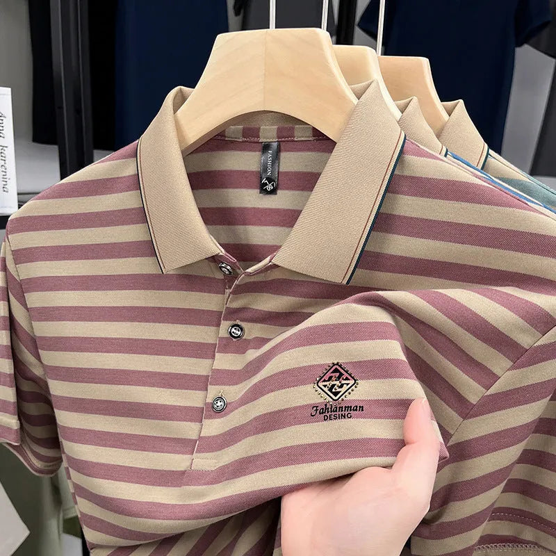 Striped casual men's shirt with mosaic pattern in polyester, available in red, blue, and green colours