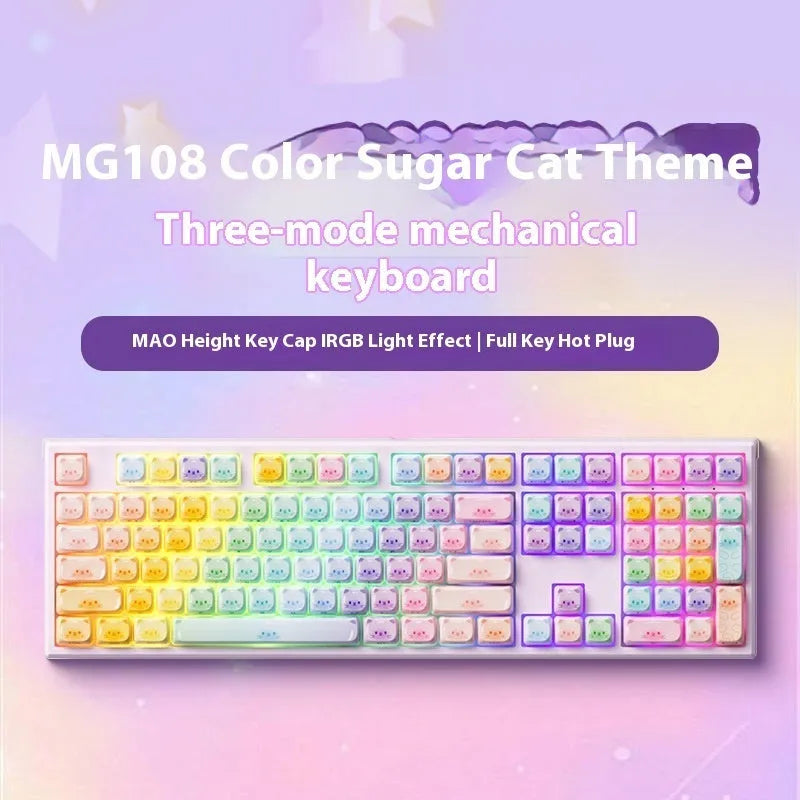 Coloured sugar cat mechanical keyboard with candy cat design and 108 keys