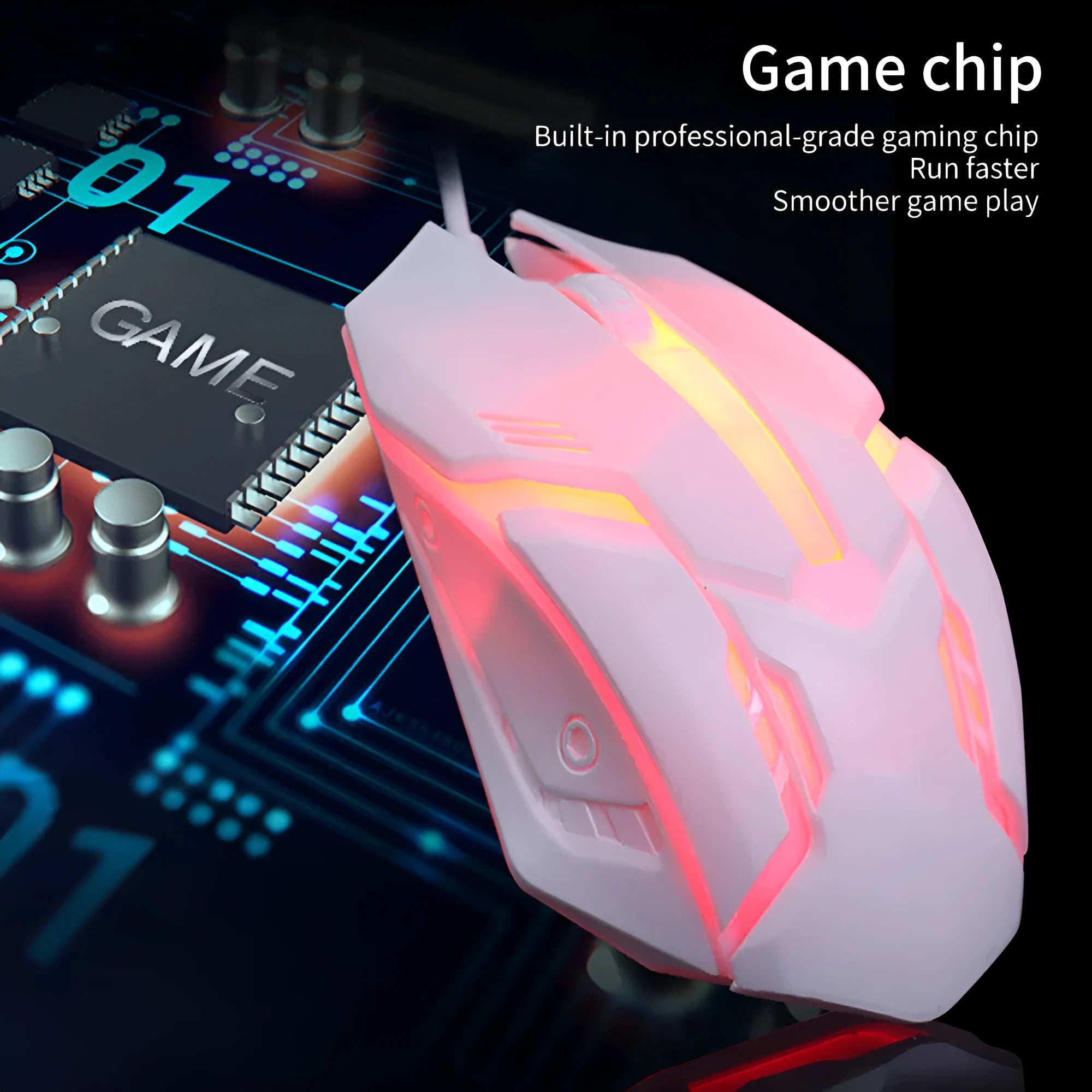 Wired USB computer mouse with LED glowing effects in black or white colour options on desktop
