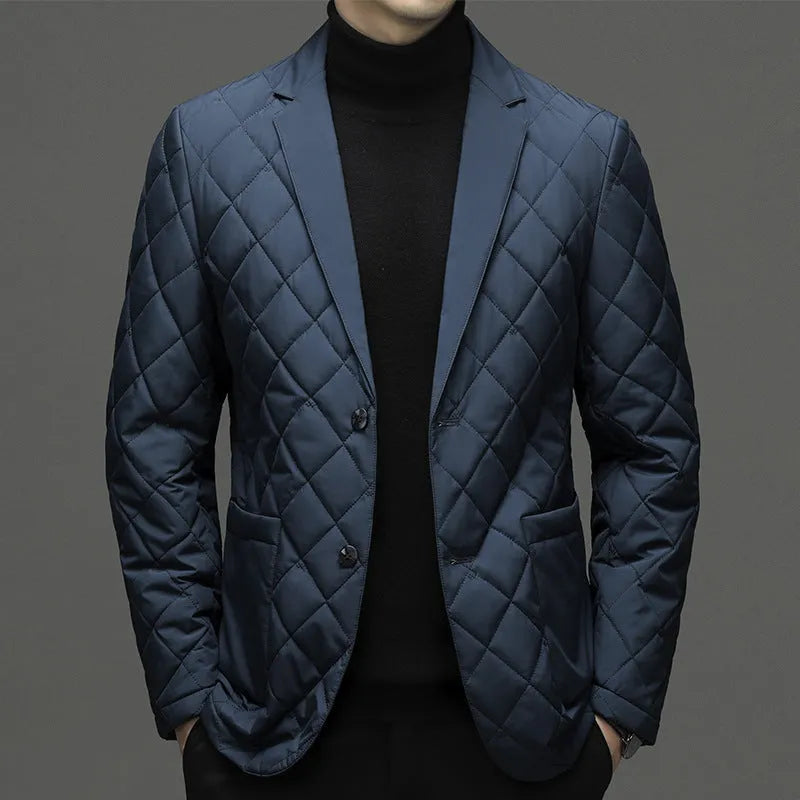 Man wearing a solid colour thickened lapel down jacket with side seam pockets.