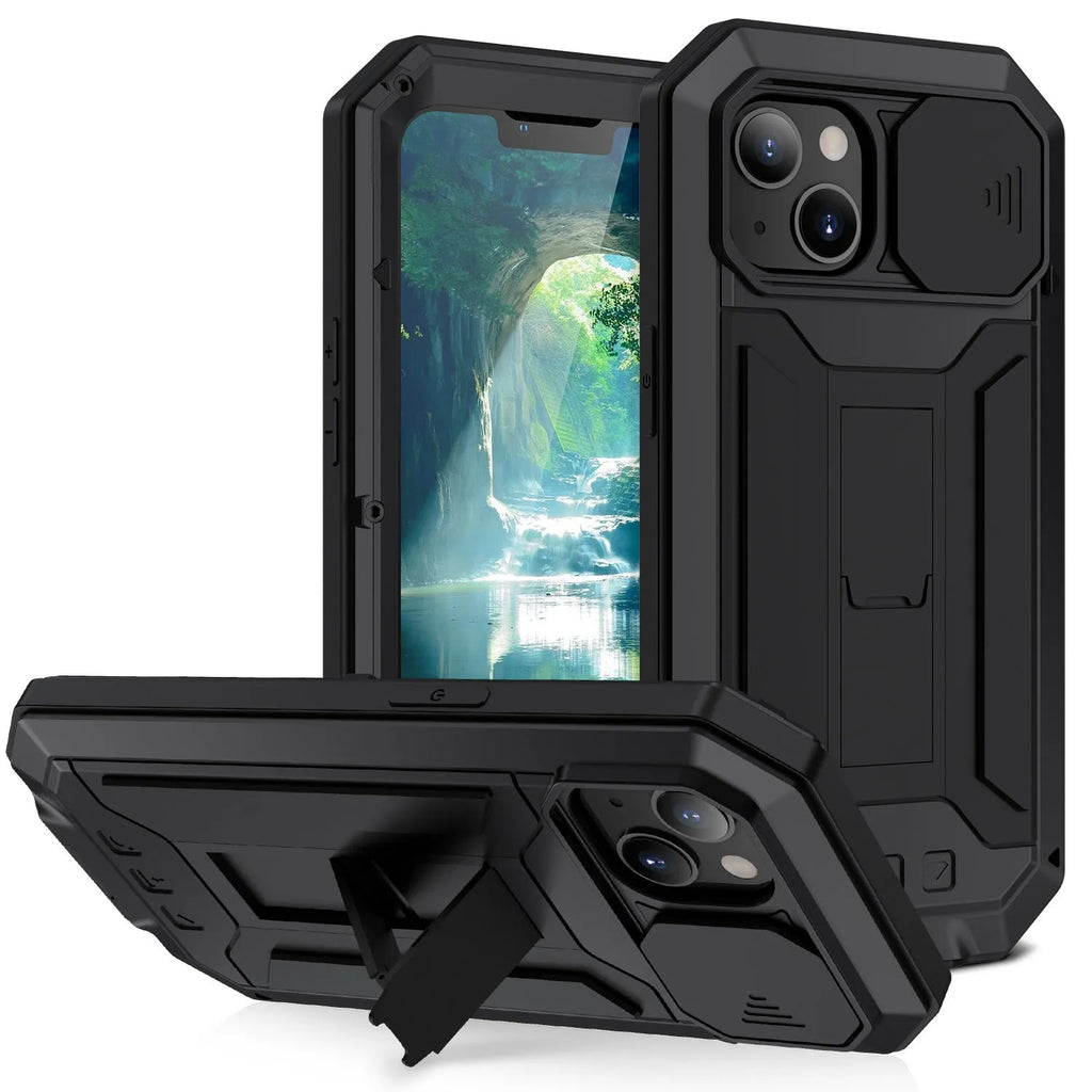 Shockproof metal bracket phone case in silver for iPhone 15 Pro Max with silicone frame and built-in kickstand