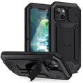 Shockproof metal bracket phone case in silver for iPhone 15 Pro Max with silicone frame and built-in kickstand