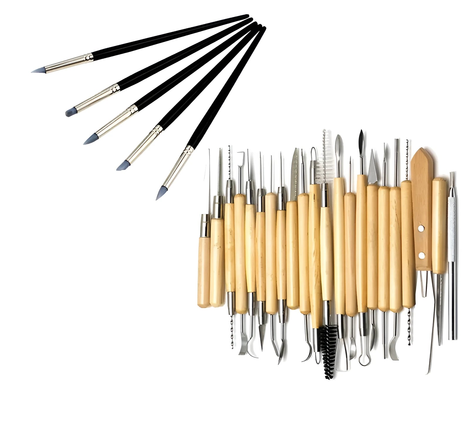 27-piece pottery tool set with roller, featuring wood, stainless steel, and plastic sculpting tools on a table.