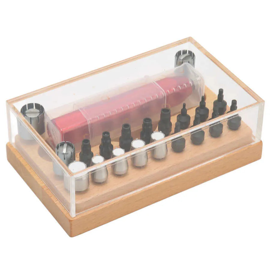 Set of 20 steel extracting tubes for watch repair in a compact toolkit.